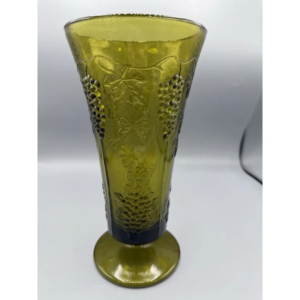 Vintage Green Depression Glass Grape Vine Footed Vase Art Glass
